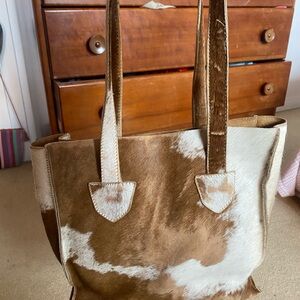Cowhide Leather Tote Bag in Brown and White